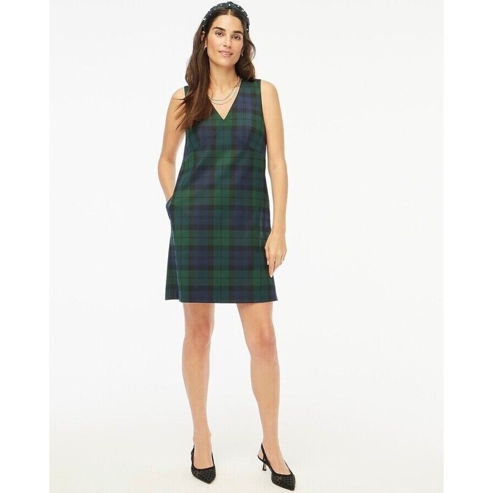J.CREW Black Watch Sleeveless V-Neck Shift Dress 6 Blue Green Plaid NWT B19